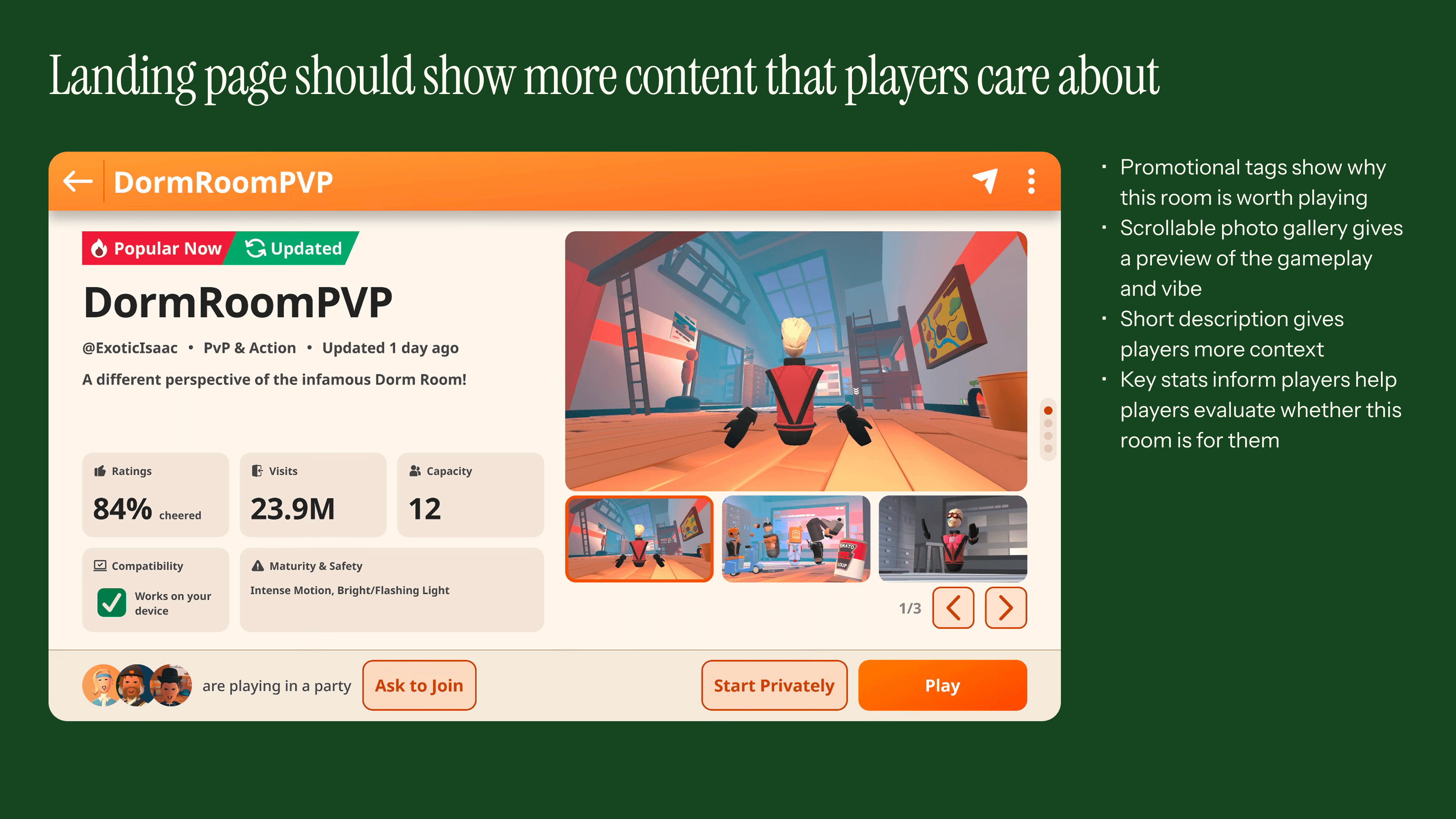 Room details vision: Landing page should show more content that players care about