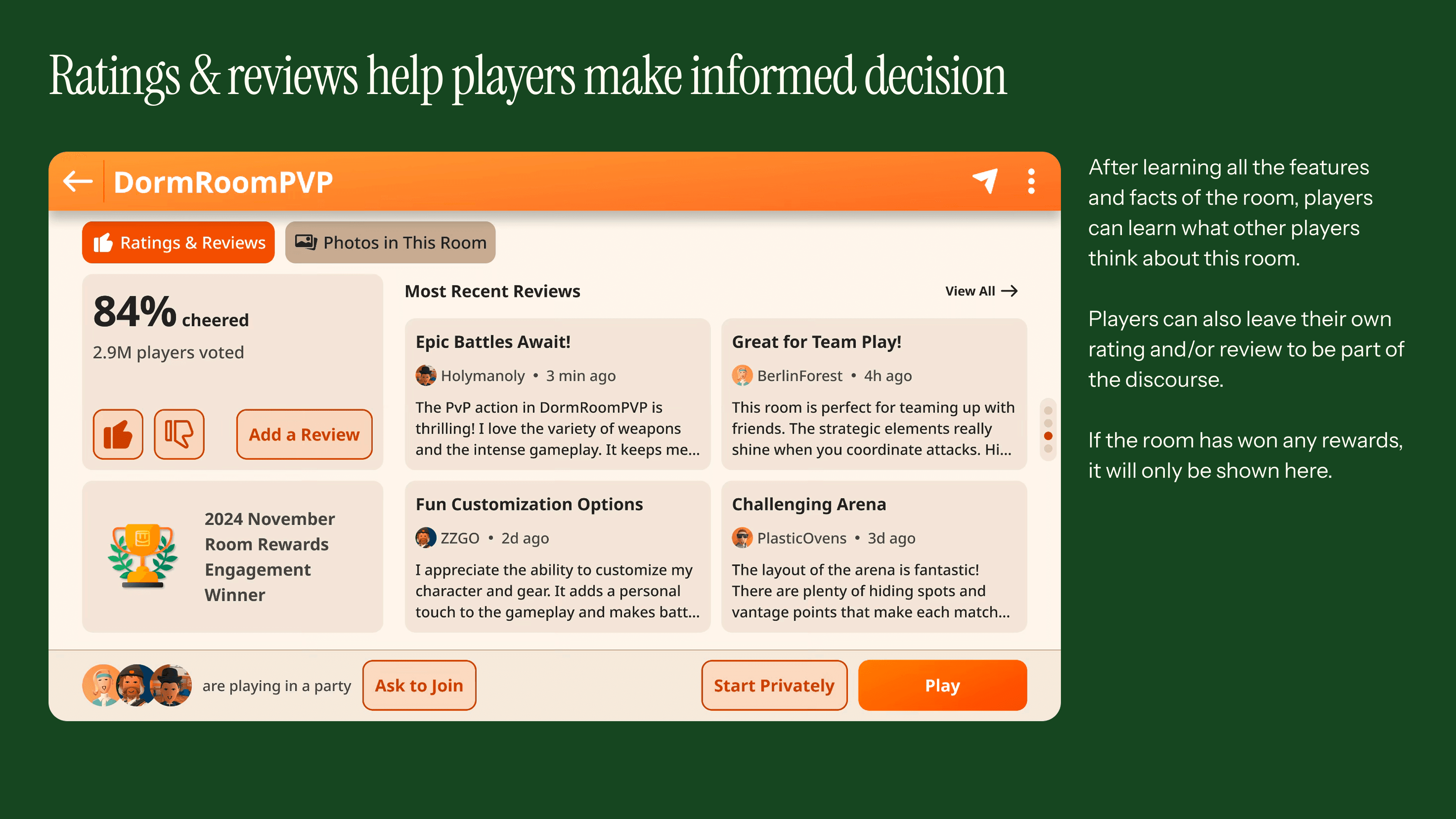 Room details vision: Ratings & reviews help players make informed decision