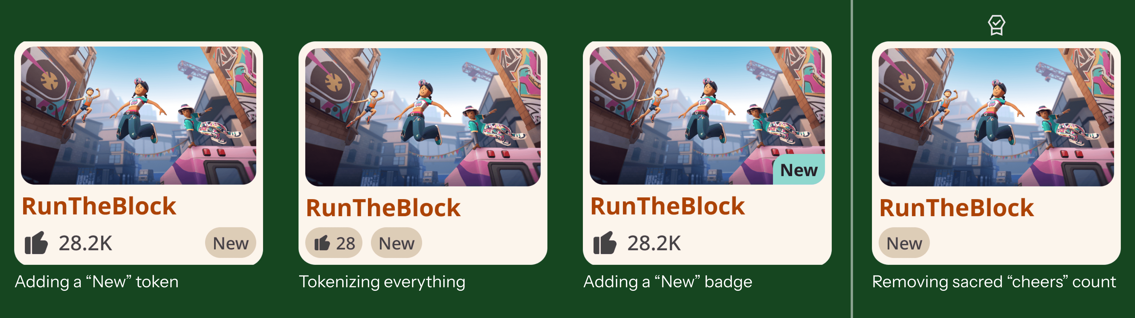 Side-by-side comparison of 4 different new badge designs on a room card
