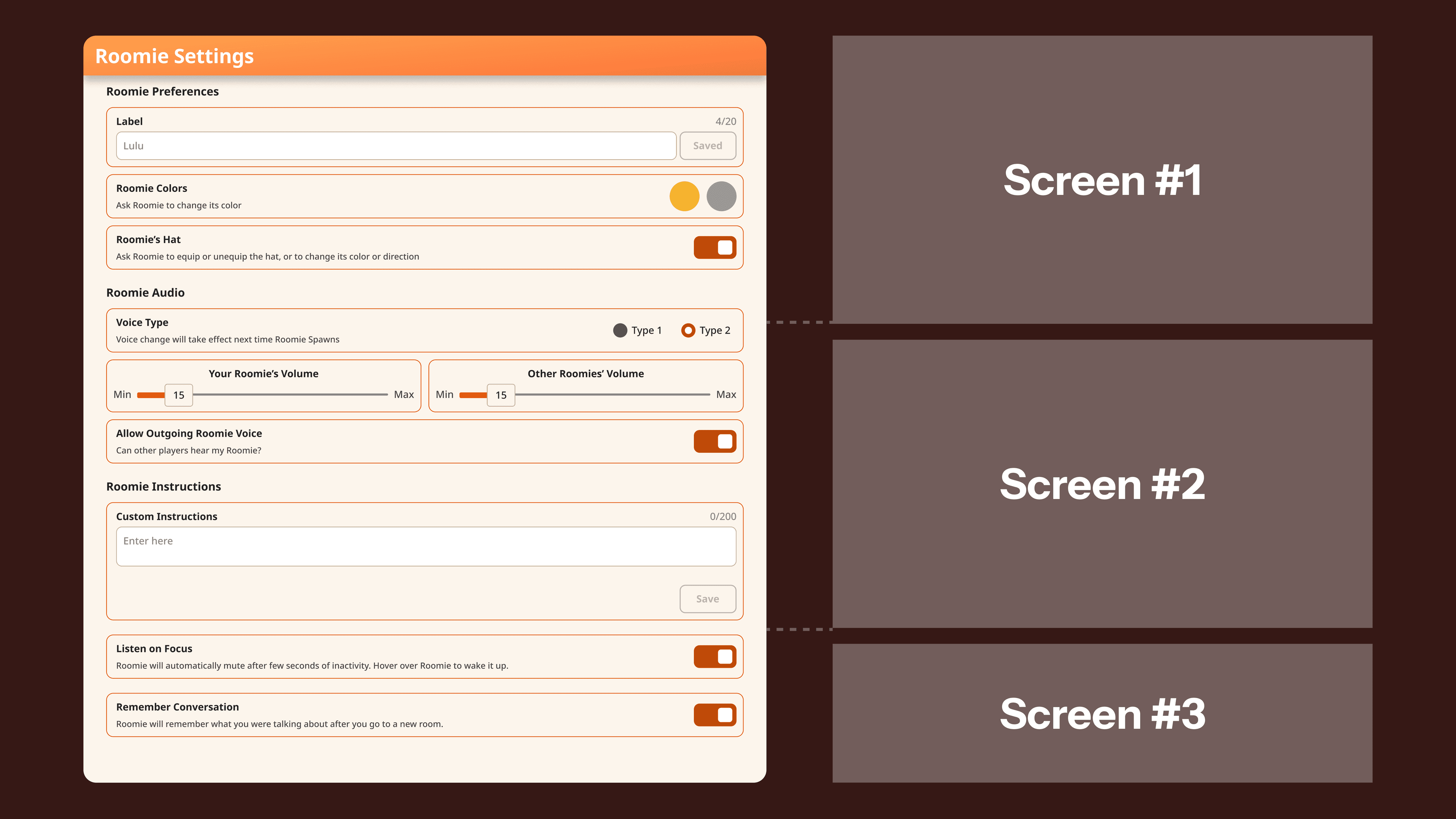 Original Roomie Settings Page was a laundry list of unrelated controls
