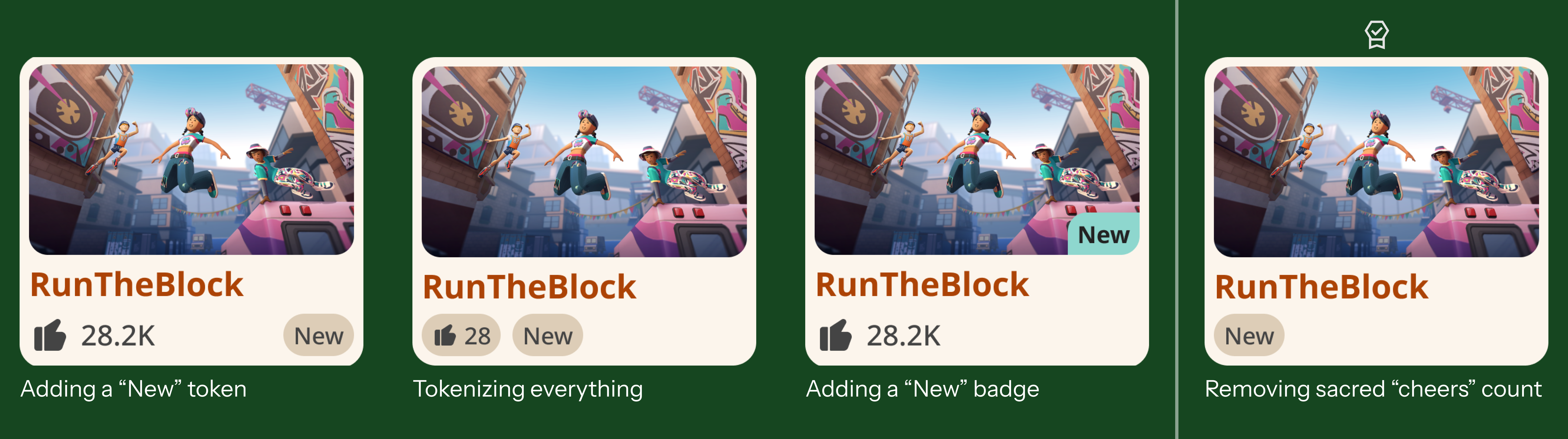 Side-by-side comparison of 4 different new badge designs on a room card