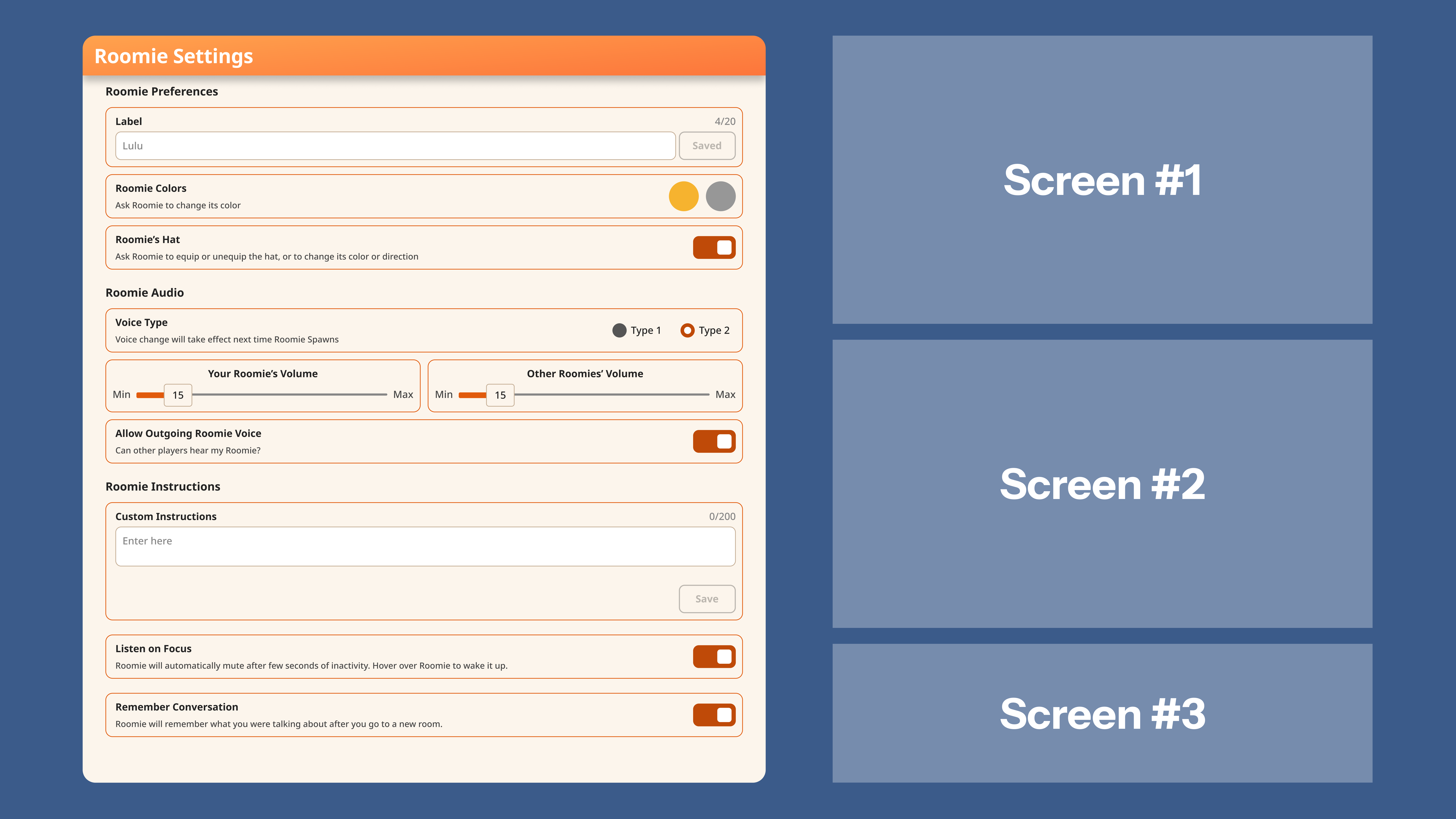 Original Roomie Settings Page was a laundry list of unrelated controls